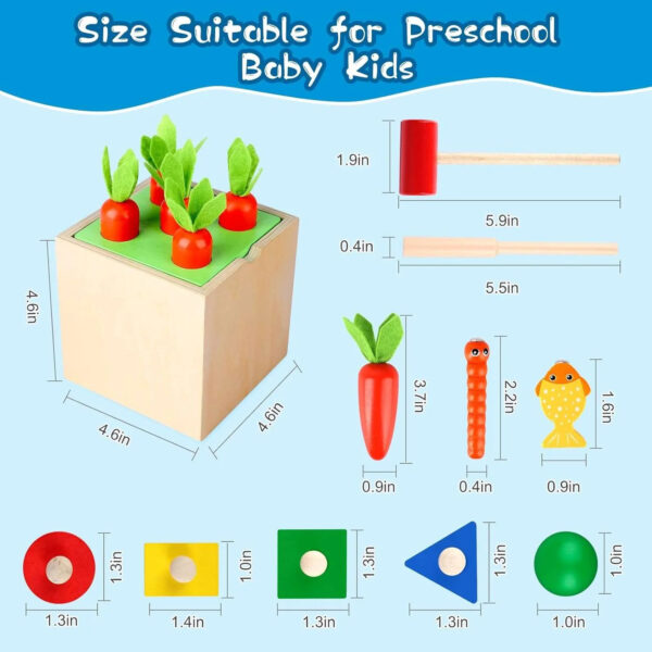 "Wooden Montessori 5-in-1 Activity Toy Set | Educational Learning Toys for Toddlers | Shape Sorting, Hammering, Fishing, Carrot Harvest & More" - Image 6