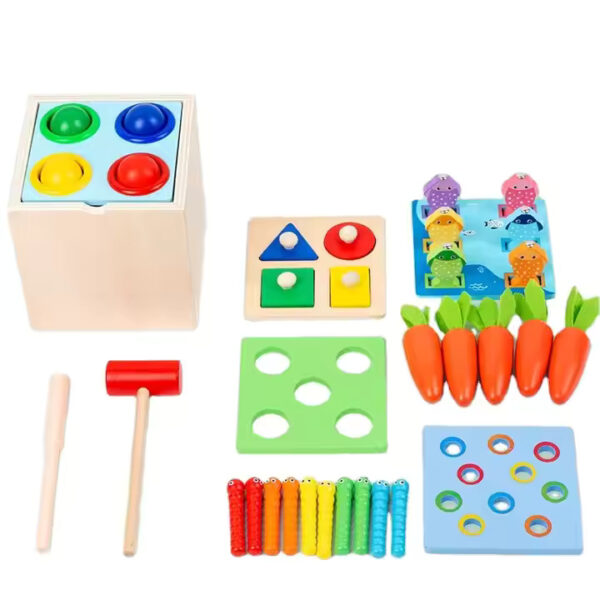 "Wooden Montessori 5-in-1 Activity Toy Set | Educational Learning Toys for Toddlers | Shape Sorting, Hammering, Fishing, Carrot Harvest & More"