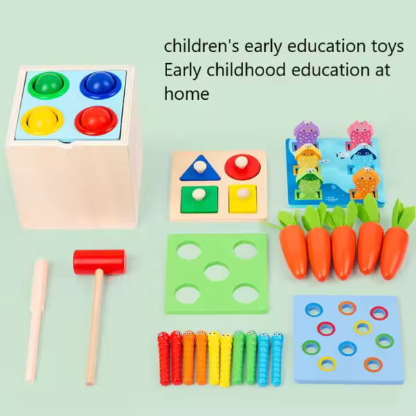 "Wooden Montessori 5-in-1 Activity Toy Set | Educational Learning Toys for Toddlers | Shape Sorting, Hammering, Fishing, Carrot Harvest & More" - Image 5