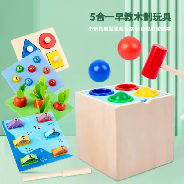 "Wooden Montessori 5-in-1 Activity Toy Set | Educational Learning Toys for Toddlers | Shape Sorting, Hammering, Fishing, Carrot Harvest & More" - Image 2
